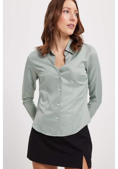 Tudors Kadın Slim Fit Dar Kesim Klasik Yaka Uzun Kollu Mint Gömlek-40361 Mint