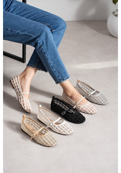 Dabab Shoes Rıvena Kadın Siyah Tül Üzeri Nakış Detaylı Kare Burun Üstten Bantlı Düz Taban Mary Jane Babet