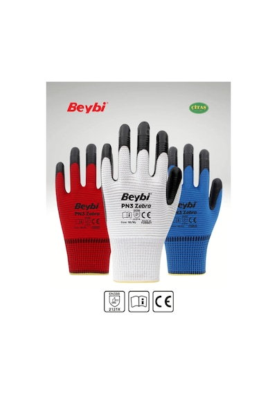 Beybi Pn3 Zebra Polyester Örme Nitril Eldiven Mavi 10 Numara Xl Iş Eldiveni 5 Adet Mavi