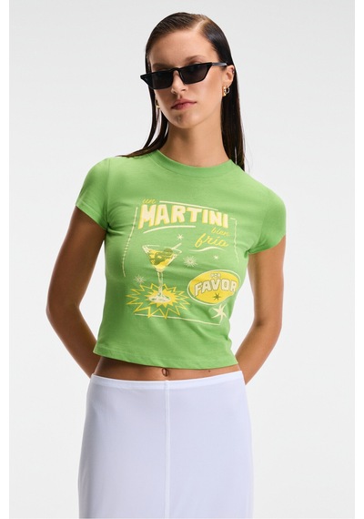 Grımelange TESSIRA Kadın %100 Pamuk Bisiklet Yaka Baskılı Slim Fit Yeşil T-Shirt