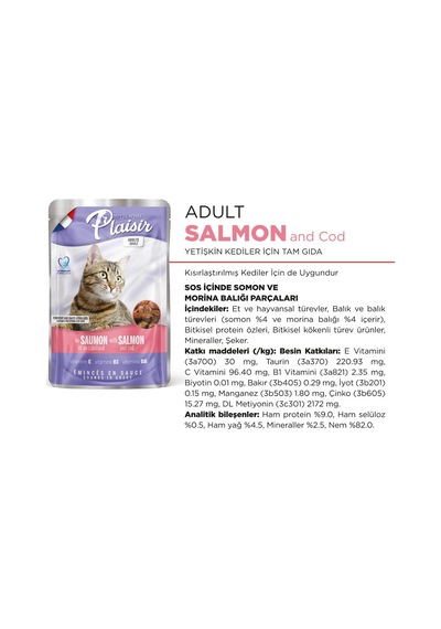 Plaisir Somonlu ve Morina Balıklı Pouch Yetişkin Kedi Yaş Maması 22 x 100 G