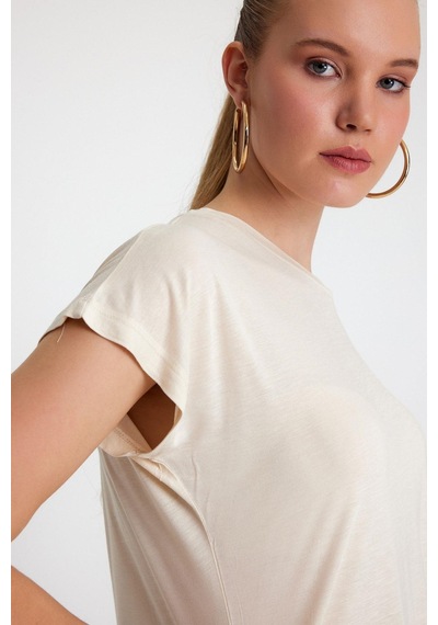 Kadın Bambu Kumaş Bisiklet Yaka T-shirt Bej