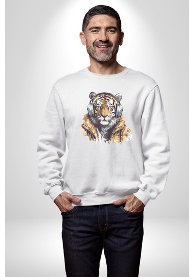 Müzik Dinleyen Kaplan İnsan Mont Unisex Beyaz Baskılı Sweatshirt Beyaz