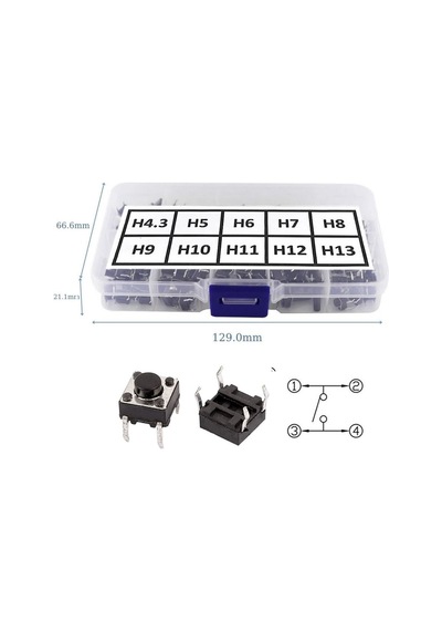 200 Adet 6x6mm Tact Buton Set 10 Farklı Yükseklikte 4 Pin Dokunmatik Anlık Basmalı Düğme Anahtar