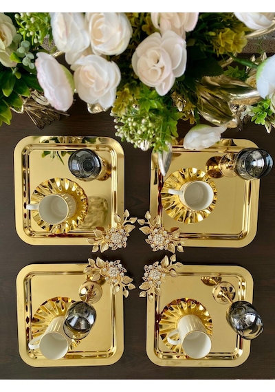 Atabey Home Collection 6'lı Kahve & Çay & Sunum Tepsisi Gold Lüx Kristalize Taşli Model