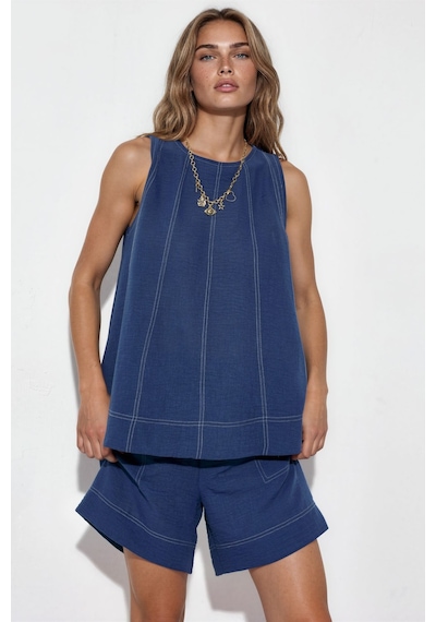 Hiccup Dikiş Detaylı Denim Görünümlü Rahat Kesim İkili Takım Orta Mavi Denim