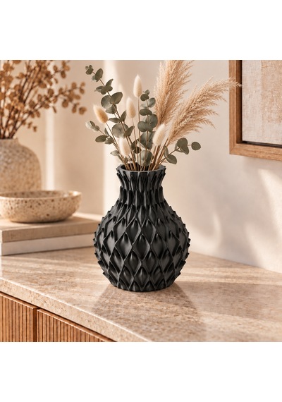 Yaprak Kabartmalı Dekoratif Vazo 20 Cm Kuru Çiçek Ve Pampas Vazosu Siyah