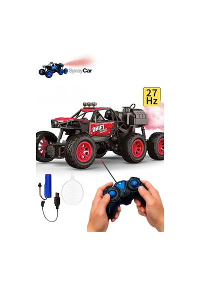 Uzaktan Kumandalı Şarjlı 6 Tekerlekli Off-road Arazi Aracı Duman Atan Drift Arabası 1:18 Ölçek Kırmızı