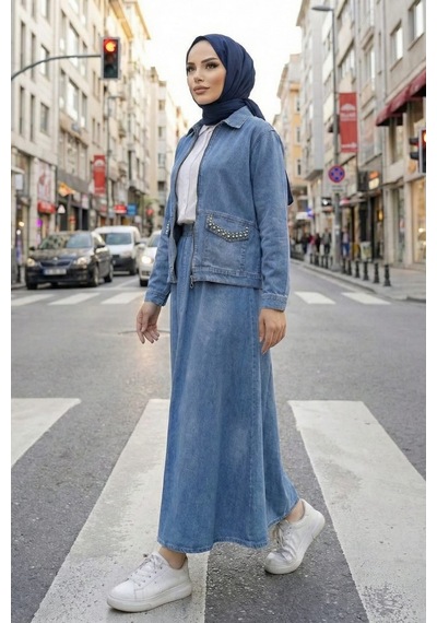 Hb Harma Time Butik Kadın Taş İşlemeli Kot Mavi Ceket Ve Beli Lastikli Kot Mavi Etek İkili Takım Koyu Mavi Hb Harma Time Butik Kadın Taş İşlemeli Kot Mavi Ceket Ve Beli Lastikli Kot Mavi Etek İkili Takım Koyu Mavi