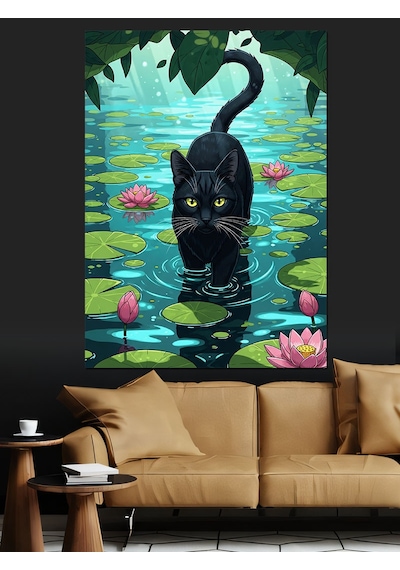 Ahşap Tablo Kara Kedi Göl Silüeti