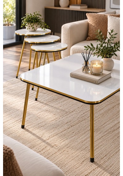 Sulorahome Gold Metal Leg 4-piece Coffee And Side Table Set Beyaz - Altın