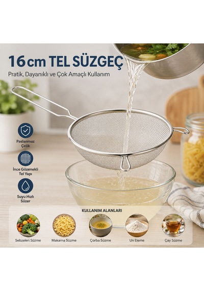 16 Cm Metal Saplı Tel Süzgeç Kulaklı Renkli