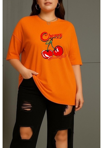 Büyük Beden Cherry Kiraz Baskılı Unisex Tişört Turuncu