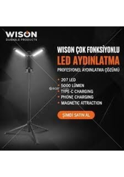 Ws 723 Sokak Lambası 207 Led 5000 Lümen Type-c Şarj Telefon Şarj Özelliği Manyetik Tutunma Açık Gri