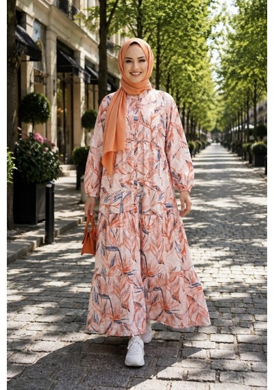 Hb Harma Time Butik Kadın Düğmeli Modal Kumaş Desenli Kırmızı Elbise