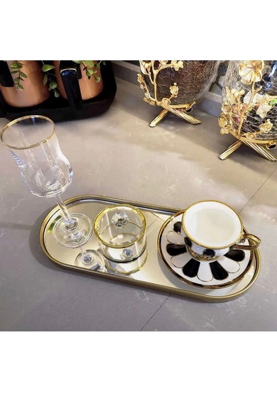 Febrini Aynalı Duvara Asılabilen Dekor Ve Kahve Sunumluk Oval Gold Tepsi 12x30 Cm 3 Adet Altın