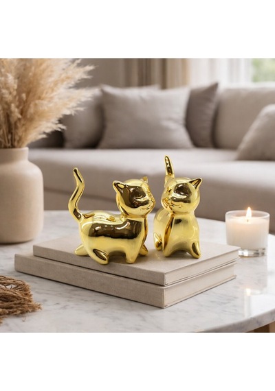 İbico İ12-188 Biblo Ve Dekoratif Süs Eşyası Kedi Gold Büyük Seramik - 6'li Paket Diğer
