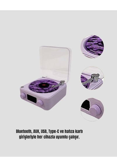 Hubrendy Tekno Bluetooth Retro Pikap Hoparlör 360 Derece Ses Projektörlü Gece Lambası Çok Fonksiyonl
