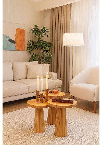 Wooden Ahşap 3 Lü Set Mantar Yan Sehpa Fiskos / Çiçeklik / Zigon Sehpa Vernikli / Coffee Table Ahşap