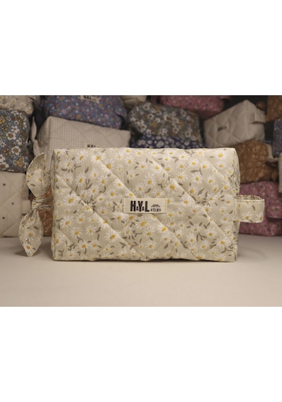 Krem Kapitone Dikişli Küçük Makyaj Çantası / Organizer - % 100 Pamuk Kumaş Krem - Papatyalı