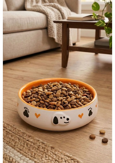 Tekli Seramik Köpek Desenli 600 Ml Turuncu-mama Kabı Kedi Köpek Mama Su Kabı
