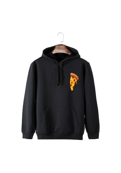 Unisex Siyah Kapüşonlu Pizza Dilimi Baskılı Slim Fit Kanguru Cepli Sweatshirt Siyah