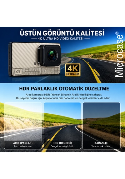 Microcase Wifi Destekli Akıllı Kayıt Sistemli 4k Çift Kameralı Araç Kamerası Video Kayıt Cihazı Al5756