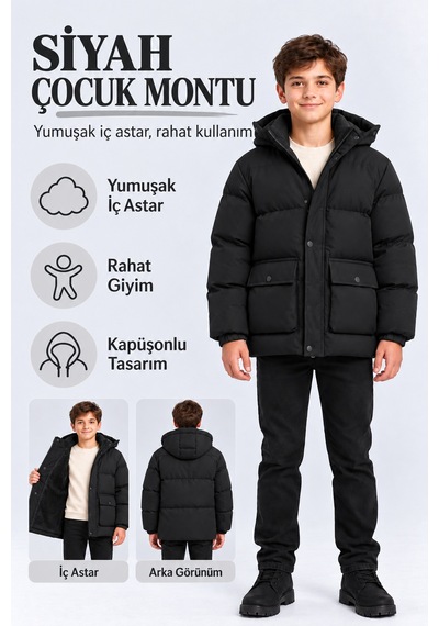 Ahengim Erkek Çocuk Kapüşonlu Peluş Astarlı Kapitone Kışlık Mont Ak 4302 Siyah