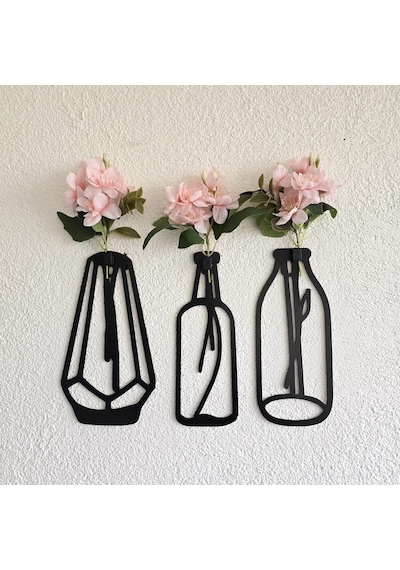 Pembe Yasemin Çiçekli Dekoratif Tablo 3 Lü Set - Siyah