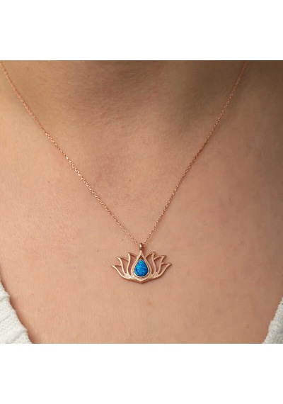 925 Ayar Gümüş Rose Kaplama Opal Taşlı Lotus Çiçeği Kolye Renkli