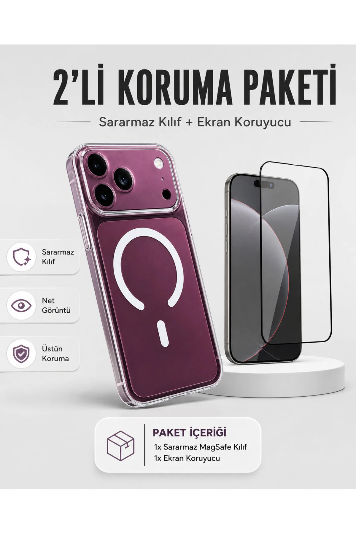 Apple Uyumlu iPhone 17 Pro Max - 18 Pro Max Uyumlu 2'li Koruma Paketi Magsafe Wireless Şarj Destekli Kamera Korumalı Şeffaf Darbe Emici Kılıf + 9h Hd+ Temperli Cam Ekran Koruyucu Set Paket Apple Uyumlu iPhone 17 Pro Max - 18 Pro Max Uyumlu 2'li Koruma Paketi Magsafe Wireless Şarj Destekli Kamera Korumalı Şeffaf Darbe Emici Kılıf + 9h Hd+ Temperli Cam Ekran Koruyucu Set Paket