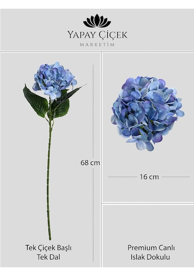Mavi Yapay Ortanca Çiçeği Tek Dal Premium Canlı Islak Dokulu 68 Cm