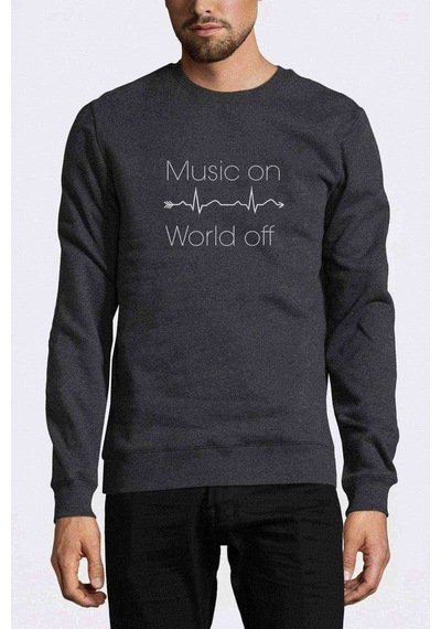 Music On World Off Baskılı Füme Erkek Örme Sweatshirt (528560645)