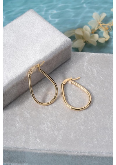 925 Ayar Gümüş Gold Kaplama Oval Damla Model Şarnel Küpe Gold