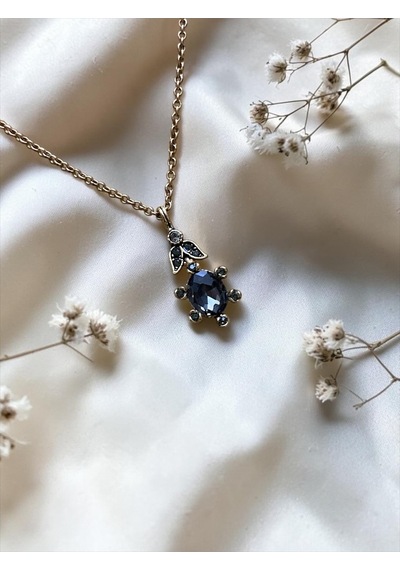 Oval Kristal Taşlı Kolye Gri