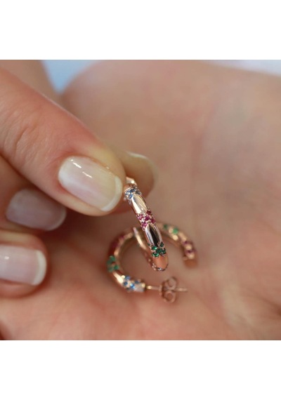 Rose Gold Kaplama Renkli Zirkon Taşlı Apm Modeli Halka Gümüş Küpe Gümüş