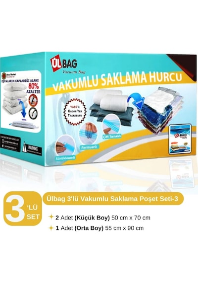 3'lü Ekonomik Vakumlu Hurç Seti -3 Elbise, Yastık Baza Altı Uyumludur, Vakumlu Poşet Şeffaf