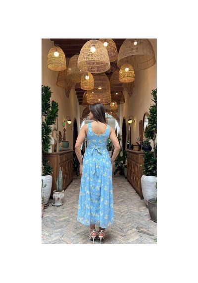 Moda Banuş Gül Desenli Astarlı Şifon Mavi Elbise-dar Kalıp