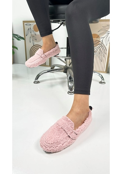 Günlük Kadın Loafer Peluş Astarlı Oval Burunlu Alçak Desenli Tabanlı Ayakkabı 375 Pudra