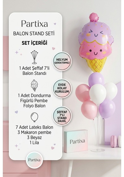 Dondurma Figürlü Pembe Balon Stand Seti Şeffaf 7 Li Stand + Dondurma Folyo Balon + 7 Lateks Balon Altın - Pembe - Şeffaf