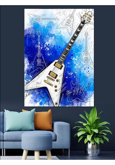 Ahşap Tablo Fly Kasa Elektro Gitar Ve Mavi Arka Fon