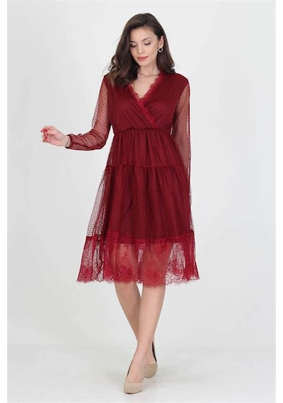 Neşeli Butik Neseli Butik Kruvaze Yaka Eteği Güpür Detaylı Yeni Sezon Elbise Nb0010 Bordo