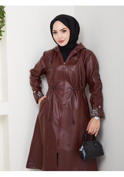 Hb Harma Time Butik Kadın Kapüşonlu Fermuarlı Şardonlu Deri Bordo Kap