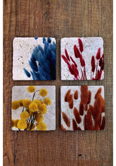 Doğal Taş Bardak Altlığı 4'lü Set - Renkli Bitkiler Baskılı - Stone Coasters Çok Renkli