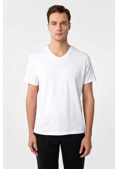Süvari Beyaz Slim Fit Düz V Yaka Tişört Beyaz