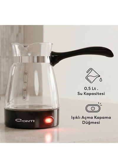 Ckc-340 Fortune Elektrikli Cam Cezve 650w, 0.5 L Kapasite, Paslanmaz Gizli Rezistans, 360 Kablosuz Kullanım, Türk Kahvesi Makinesi