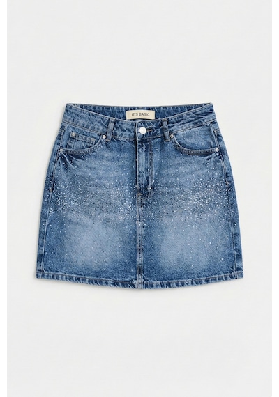 it's basic Kadın Mavi T2-4s6-4 Straight Fit Parlak Taşlı Özel Tasarım Mini Denim Etek