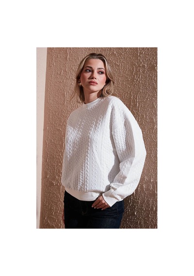 Fashion Friends Oversize Bisiklet Yaka Ekru Kadın Sweatshirt 25k0141k1