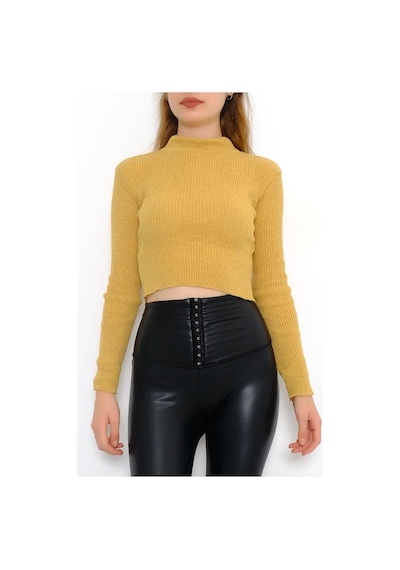 Kadın Crop Kesim Uzun Kol Likralı Triko Kazak Hardal