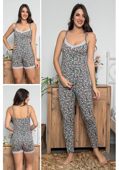 Myben Kadın Antrasit Renkli Dantel Detaylı Şortlu Ve Taytlı Çeyizlik Pijama Takımı 3'lü Set 75003 Antrasit
